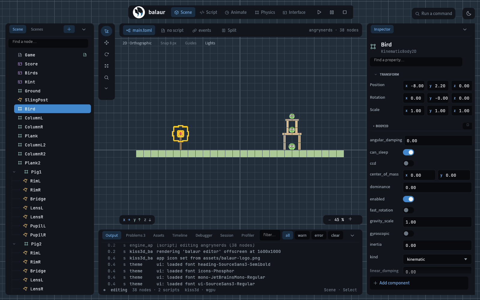 The Balaur editor: node tree, viewport, inspector and the Output dock