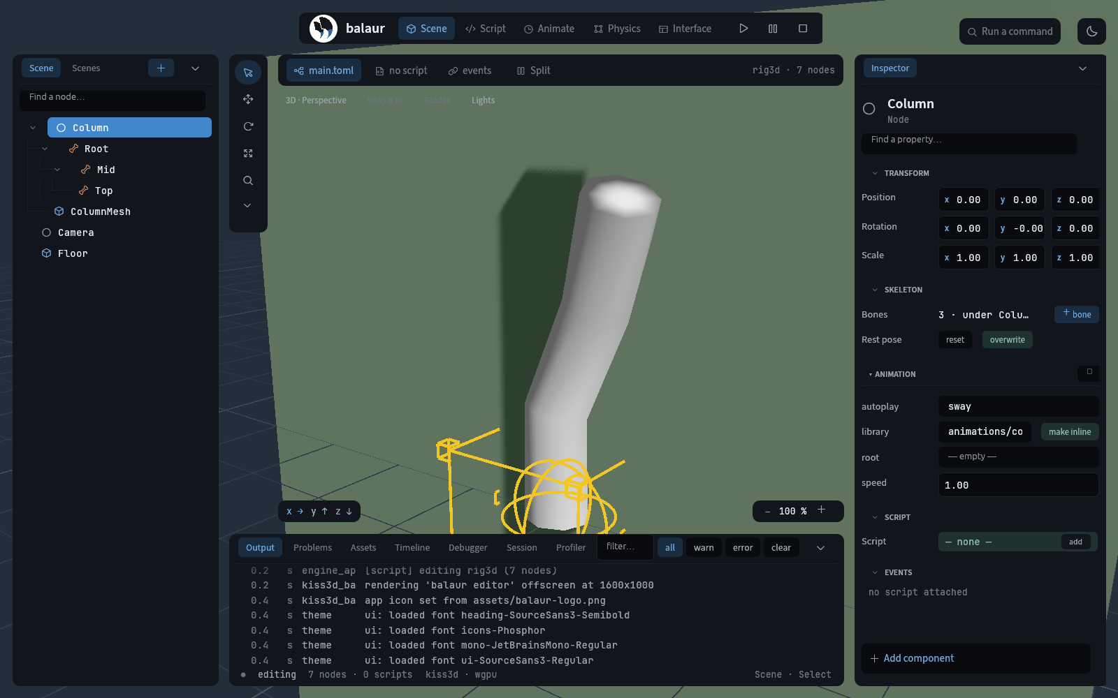 An imported 3D rig and its bones in the editor