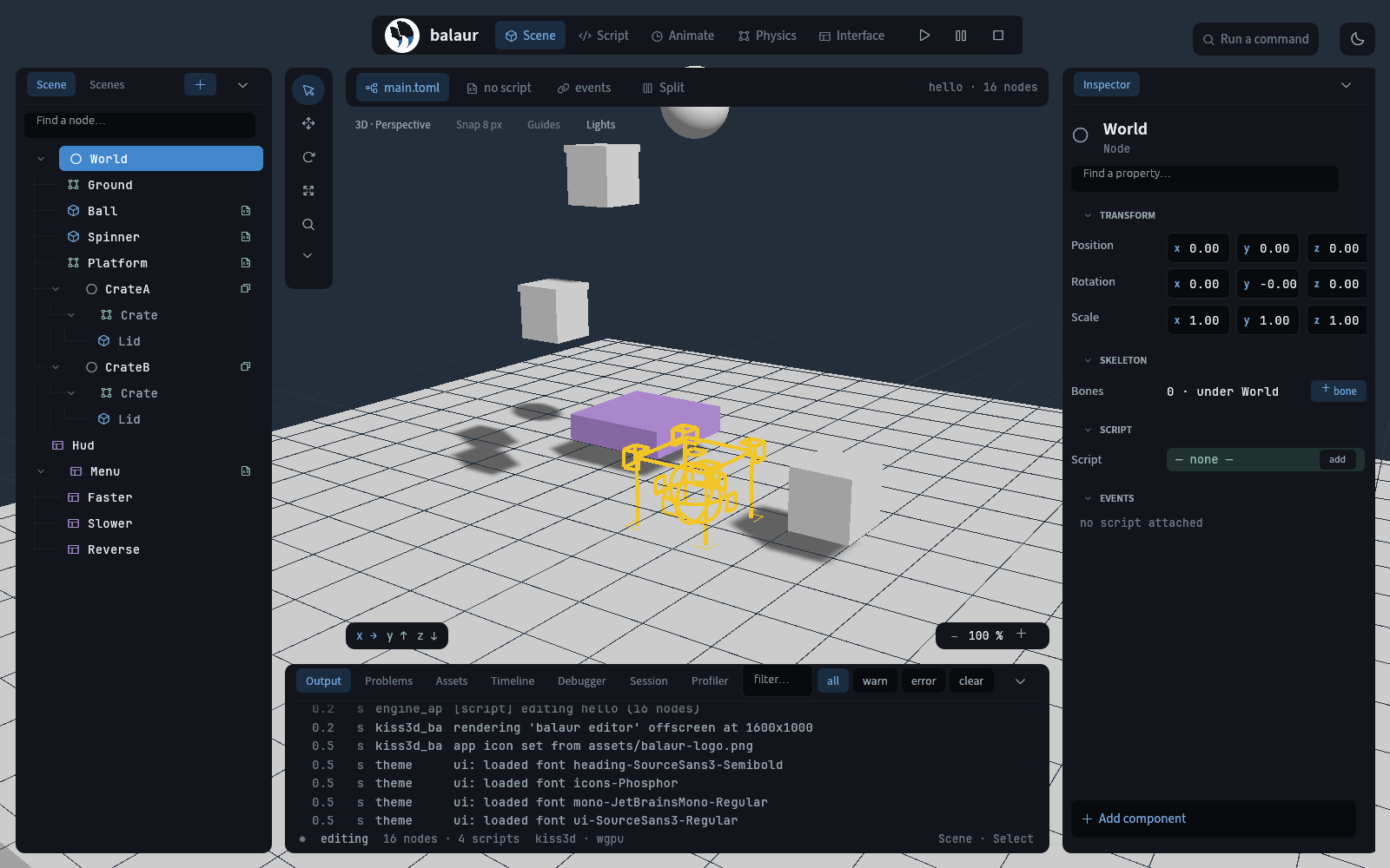 An example project open in the editor: the World node selected, the viewport, the inspector, and the Output dock showing the boot