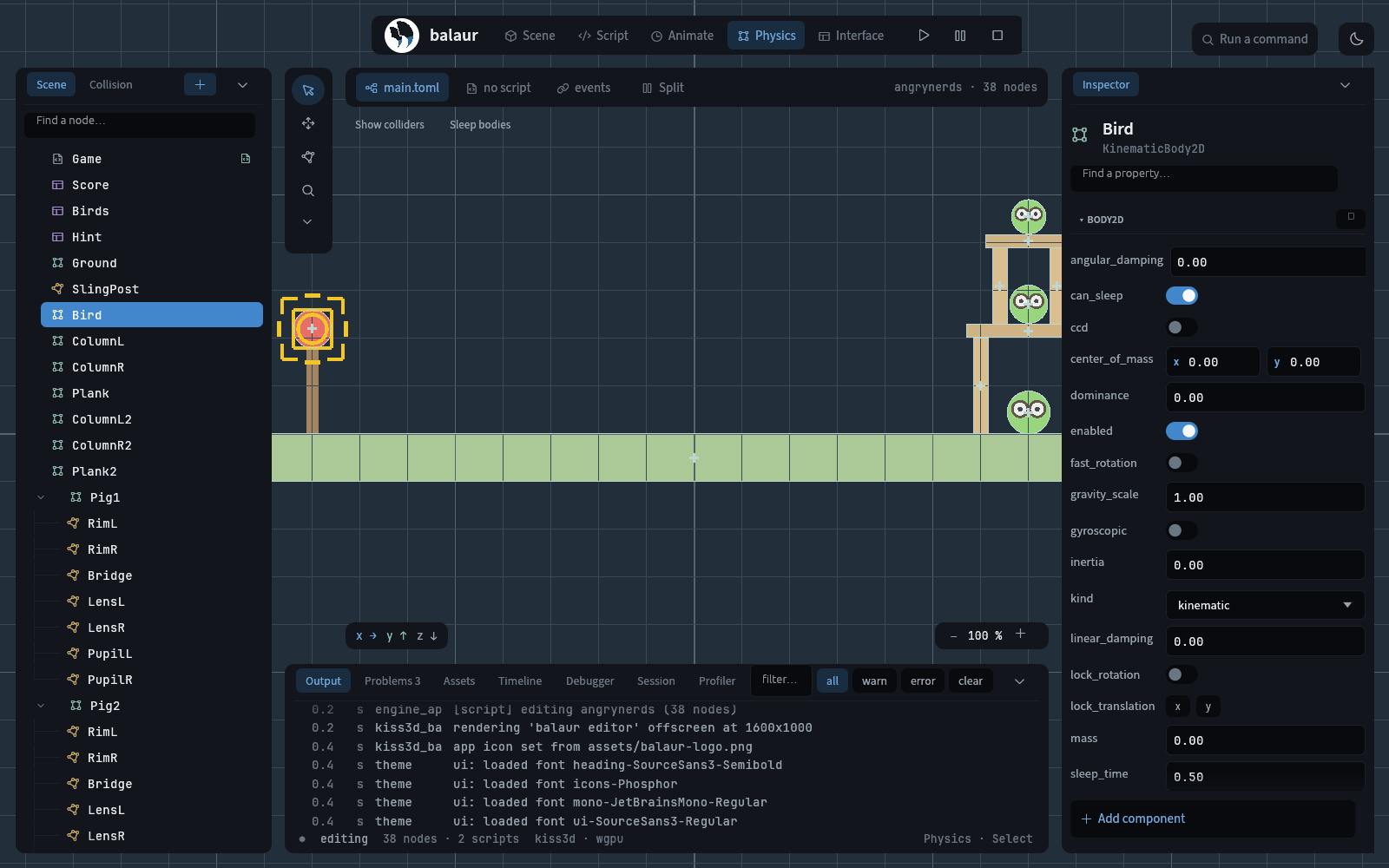 Collider and centre-of-mass overlays over an example scene