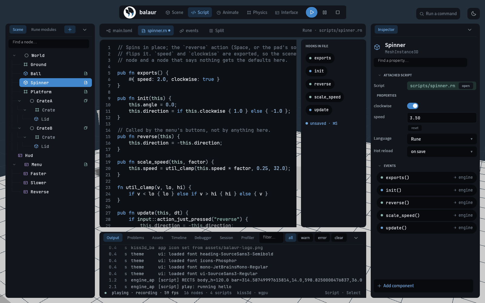 A value changed and saved while the scene runs, then a breakpoint stepped in the Debugger dock