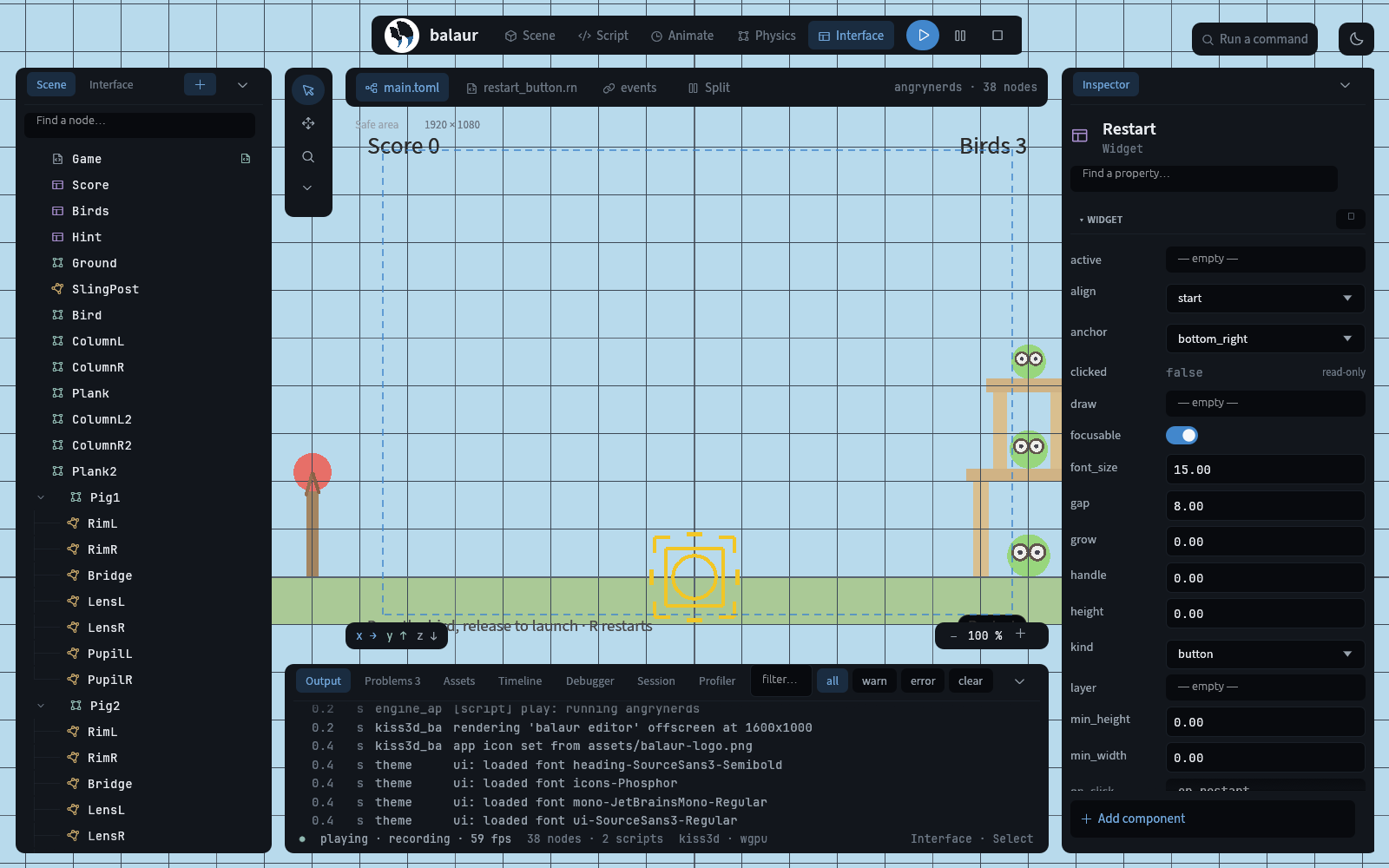 HUD widgets in the tree and over the safe area, with a button in the inspector